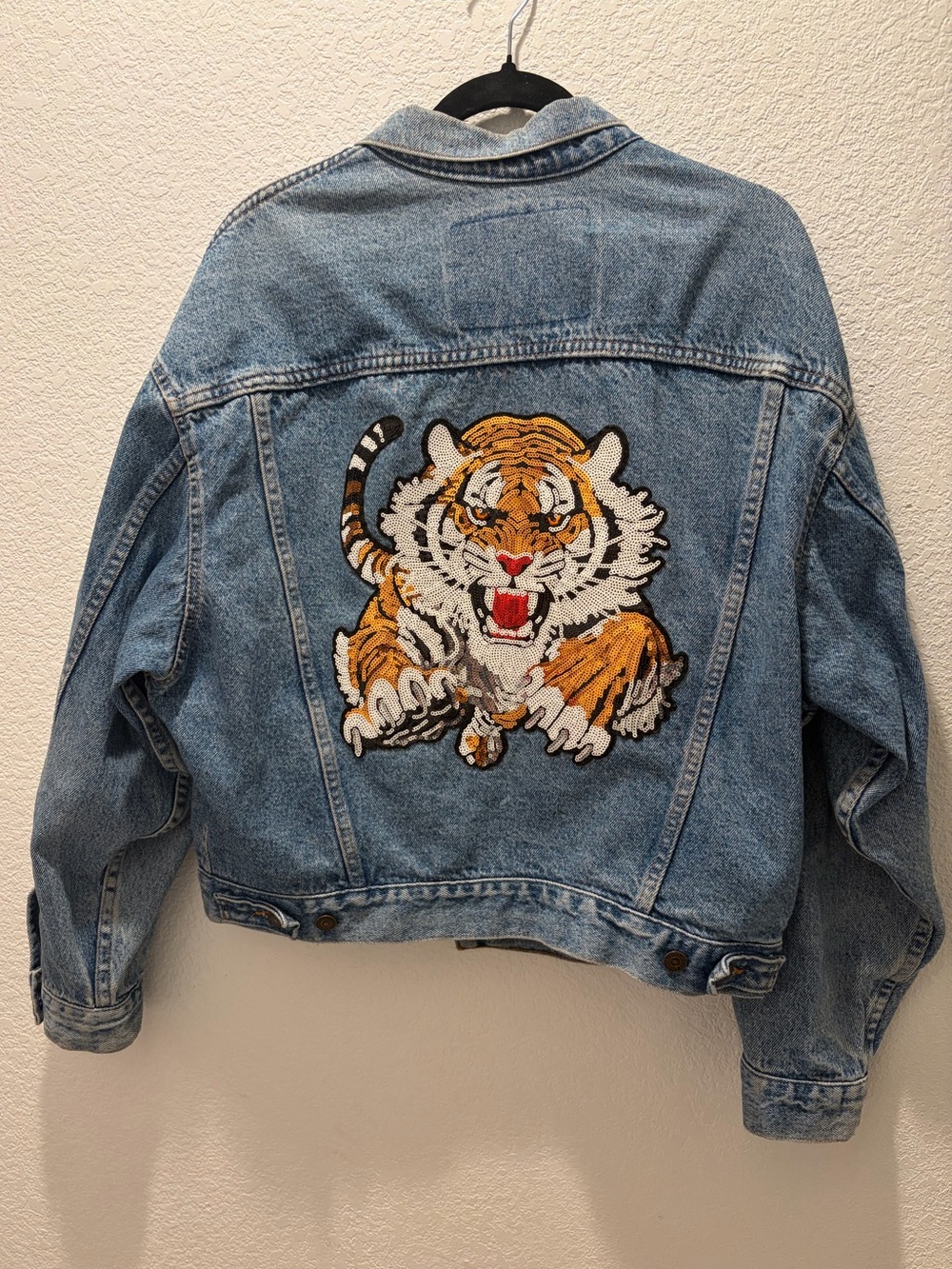 Levi's Light Blue Denim Jacket with Embroidered Orange Sequin Tiger Patch